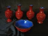 Cinnabar Blue Enamel Lined Vases & Bowl