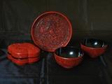 Cinnabar Style Plate, Bowls & Covered Box