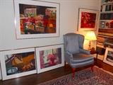 Wing chair, art, books, antique clocks