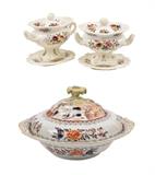 LOT 22: TWO SPODE PORCELAIN COVERED SAUCE TUREENS, TOGETHER WITH A MASON'S IRONSTONE COVERED DISH