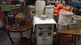 Crocks and jugs along with many oak occasional tables and painted cabinet