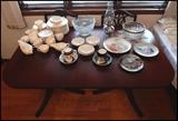 Mahogany Duncan Phyfe Table with Four Chairs and Dishes