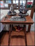 Antique Oak Lamp Table, Silver Plate Tea Set and Flatware