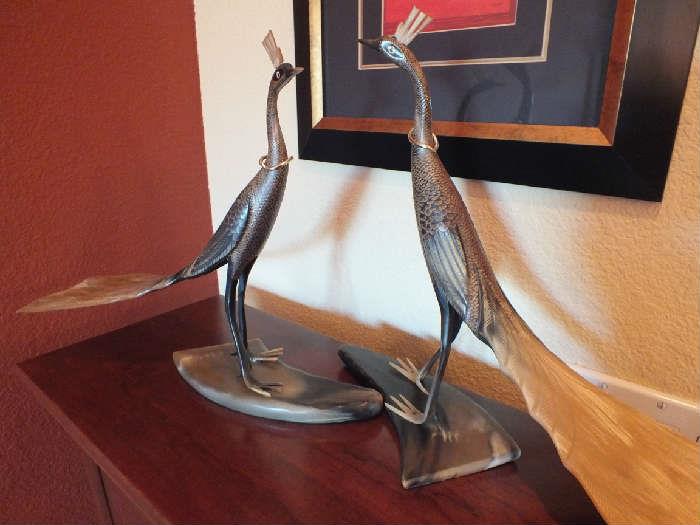 very unique mid-century modern signed peacock statues 