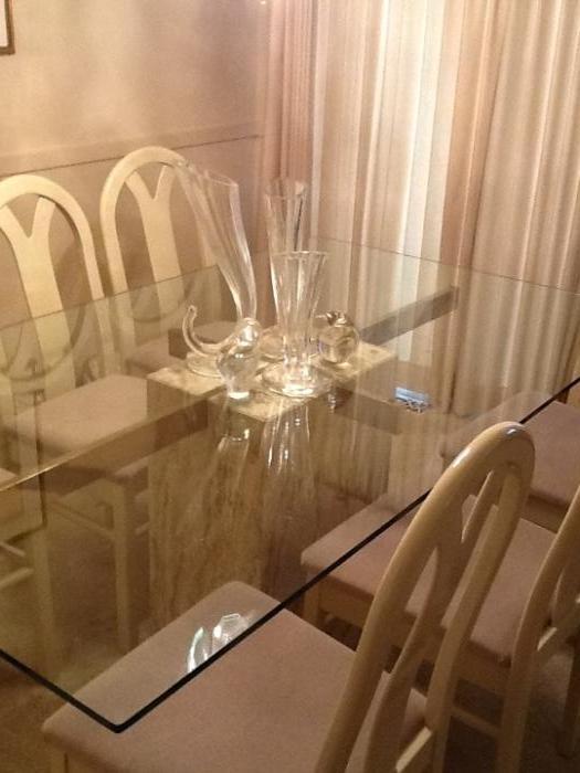 Glass and marble center block table with 6 chairs