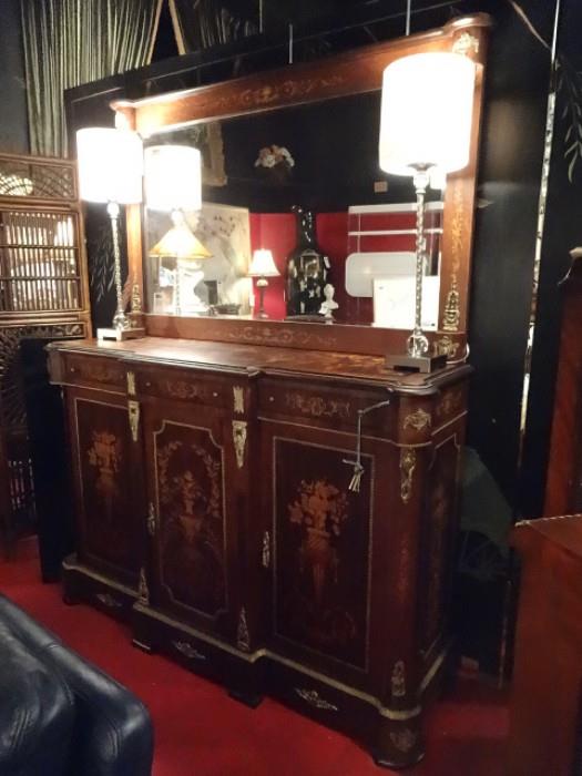 LARGE FRENCH EMPIRE STYLE CHEST WITH MIRROR, INLAID WOOD VENEERS AND GILT BRONZE MOUNTS, 2 IDENTICAL CHEST AVAILABLE, SOLD SEPARATELY