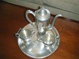 Pewter Coffee, Creamer, Sugar and Tray