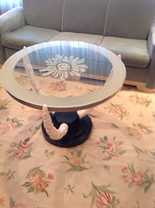 Exceptional period Art Deco table with carved tusks and etched glass