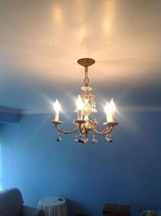 Brass chandelier with blue porcelain floral drops
