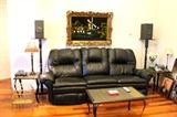 Leather reclining sofa, slate-top tables, speakers, and more!