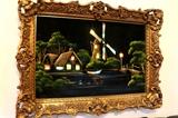 Large LIGHTED windmill velvet painting in plastic gold frame - gaudy kitsch at its best!