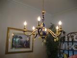 "Majolica" porcelin chandelier, blue and yellow