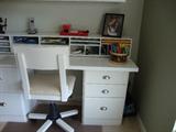 white long desk and office chair
