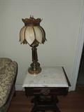 antique stained glass lamp, victorian marble top table