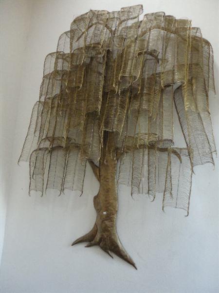Unusual stamped brass wall sculpture of a willow tree
