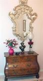 Beautiful Baker French Bombay Chest, French Mirror, Satin Glass Oil Lamp