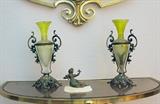 Pair of Small Vaseline Gilded Bronze Vases, Micro  Bronze Seated on Ivory