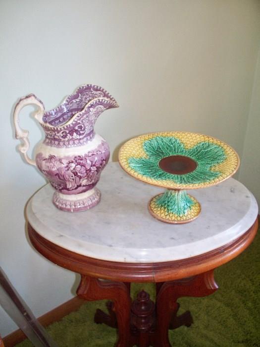 Marble Top Stand, Mulberry Transfer Ware, and Majolica Compote