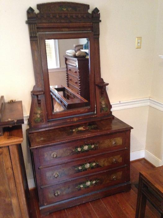 Antique Eastlake Dresser and Mirror with hand-painted panels, top, and ornaments.
