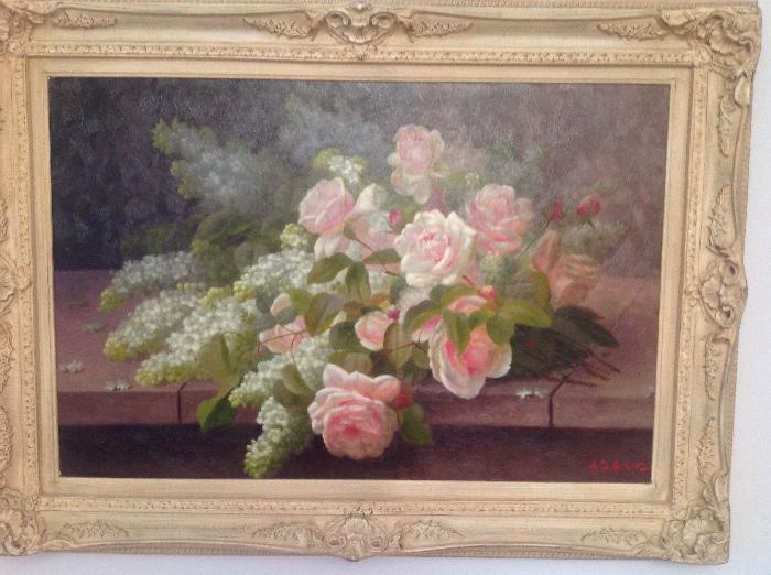 Realistic A. D. Greer floral still life painting with impeccable detail.