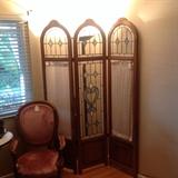 Victorian his/her parlor chairs, 3 way lace and beveled leaded glass dressing/divider screen 