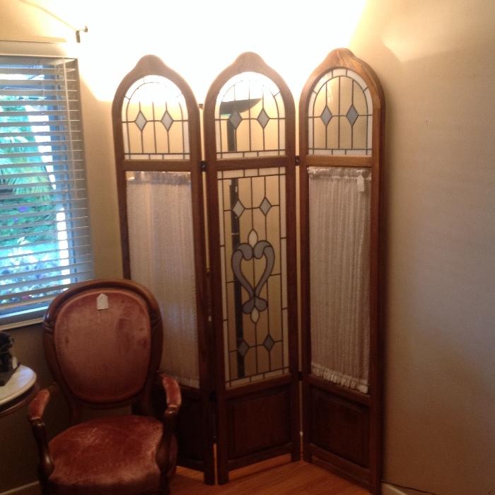 Victorian his/her parlor chairs, 3 way lace and beveled leaded glass dressing/divider screen 