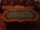 Beautiful Maitland Smith fancy embossed copper work of art tray table with embossed leather surround on bamboo legs 