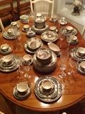 Johnson Brothers "The Friendly Village" large china set, beautiful etched vintage crystal wine glasses, etc.