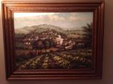 Beautiful large original oil on canvas South of France, French Provence scenic hillside village with grape vines - 