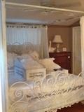 King size fancy scroll motif wrought iron canopy bed With brand new mattress and box springs - Battenburg lace linens 