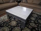 39"x39" coffee table with wood base and marble top