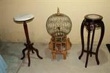 Wood and marble plant stand and birdcage