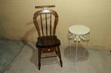 Vintage wood chair and small wrought iron plant stand