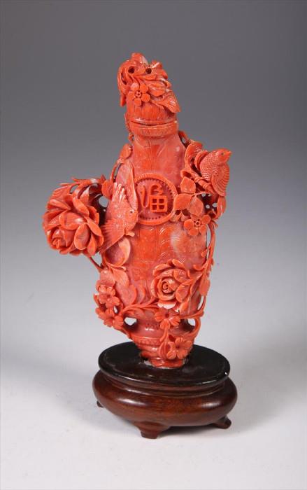 Chinese Carved Coral Vase and Cover, 20th Century