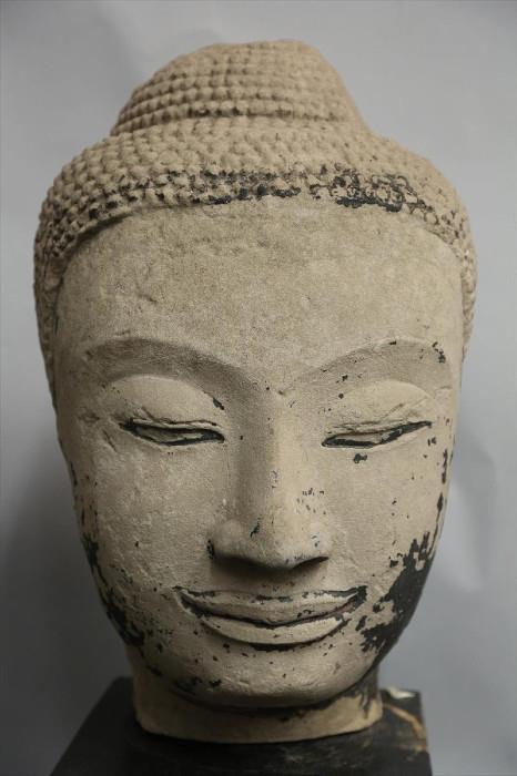 Thai Large Sandstone Head of Buddha, Ayuthia Period, 17th Century