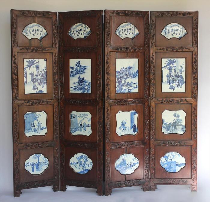 Chinese Hardwood Porcelain-inset Four-Fold Screen, 20th Century