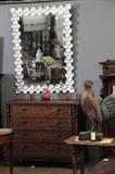 Mother-of-pearl mirror, wood carved rooster