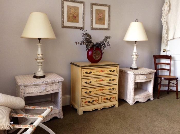 Rattan night stands (matches the dresser) and painted chest of drawers