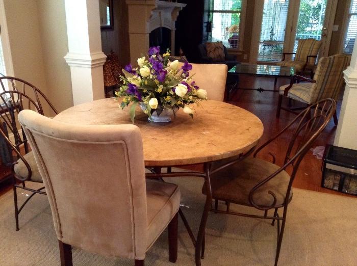 Round stone top table with 2 metal chairs & 2 Parson style chairs