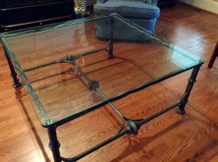 40" square glass top table with heavy iron base