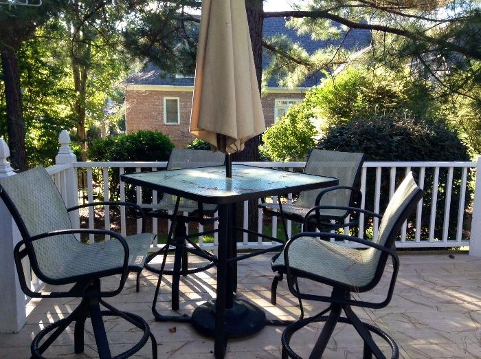 bistro style glass top umbrella table with 4 chairs