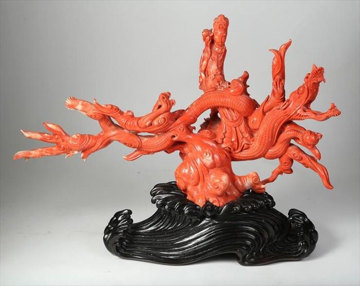 Chinese Carved Coral Figural Group with Dragon and Guanyin, 20th Century 