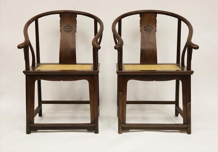 Pair of Chinese Huanghuali Horseshoe Back Chairs, 18th Century