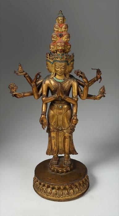 Sino Tibetan Gilt Bronze Standing Figure of Avalokiteshvara, 18th Century