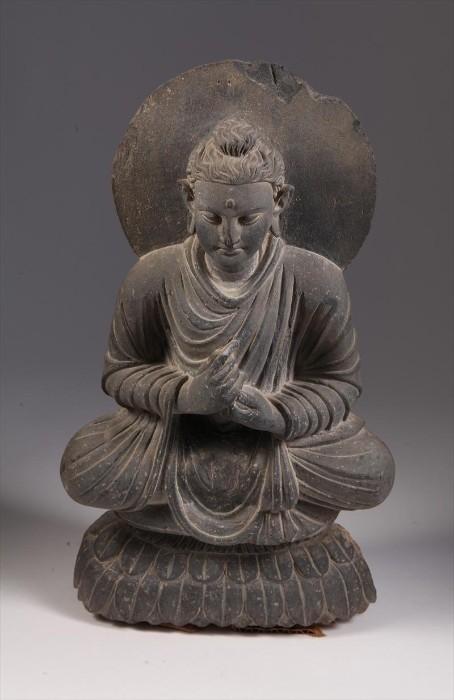 Gandaran Grey Schist Figure of Seated Buddha, 3rd / 4th Century
