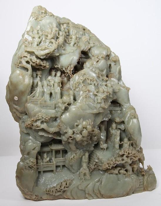 Large Chinese Celadon Jade Carved Mountain, 20th Century