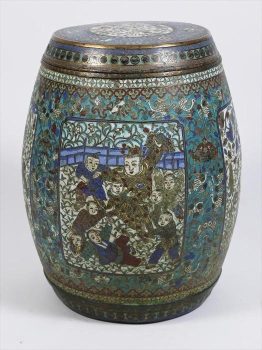 Chinese Cloisonne Barrel Form Garden Seat Container and Cover, 20th Century
