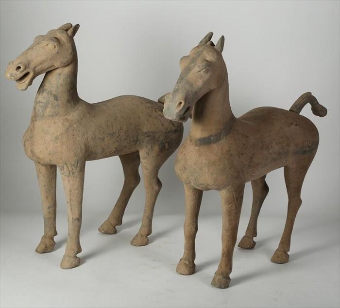 Pair of Chinese Grey Pottery Horses, Han Dynasty