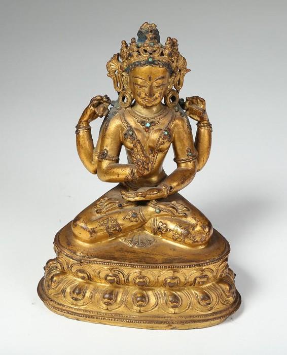 Sino Tibetan Gilt Bronze Seated Figure of Tara, 18th Century