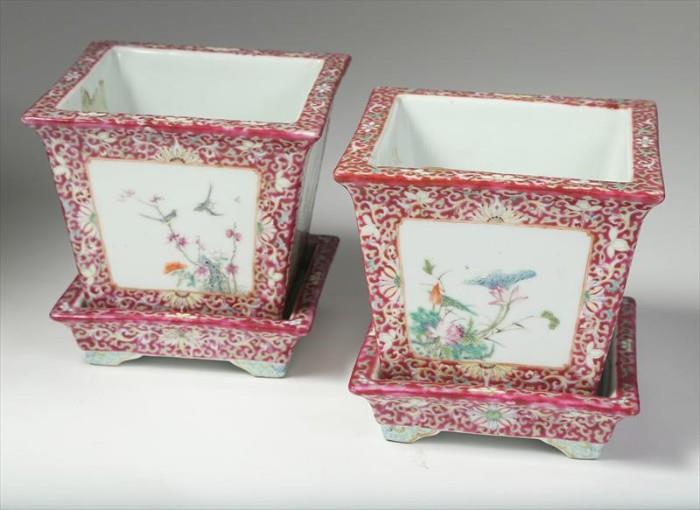 Pair Chinese Porcelain Famille Rose Square form Jardinieres and Underplates, Republic Period